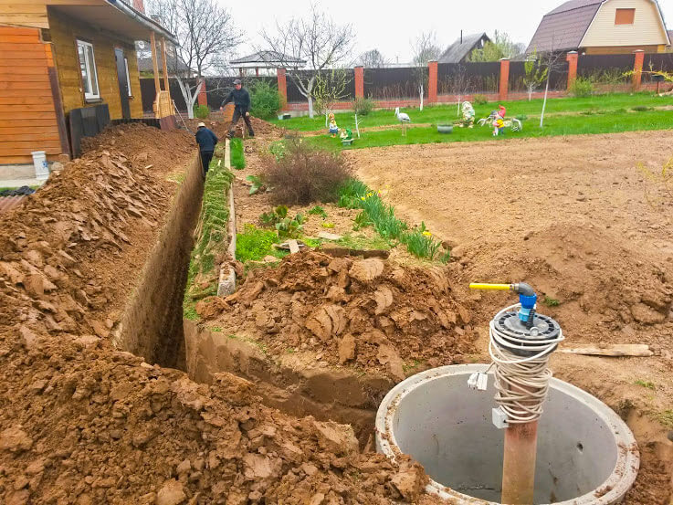 Рабочие делают водопровод к дачному загородному дому